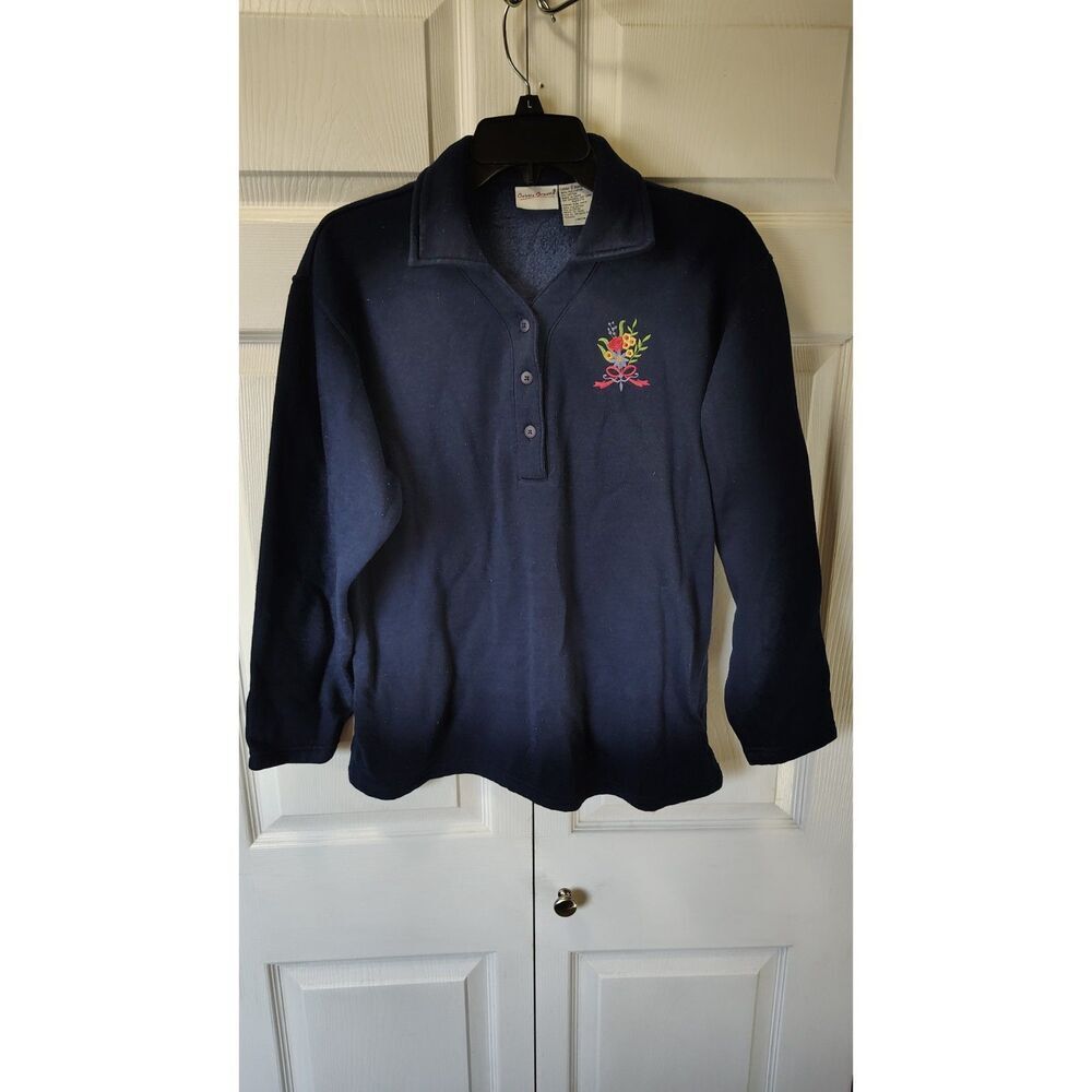 Vtg 90s Bobbie Brooks Grandmacore Embroidered Floral Pullover Navy Blue Small